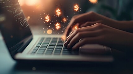 Close-up of hands typing on a laptop with digital dollar symbols rising, representing e-commerce, fintech, and online wealth creation.