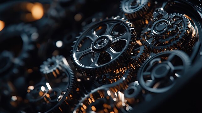 Close-up of interlocking gears in motion, showing the intricate mechanics and engineering principles at play.