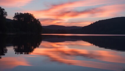 Obraz premium Serene Lake at Sunset Vibrant Colors Reflecting on Glassy Waters
