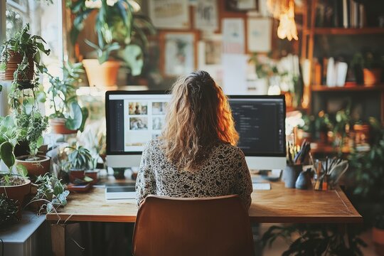 Freelancer working at her creative workstation, Generative AI