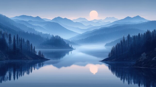 Serene twilight over misty mountains and tranquil lake at dawn in a remote wilderness landscape