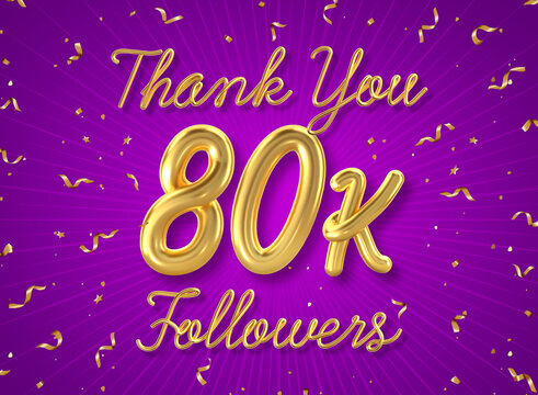 Thank you 80k followers poster with confetti background, Thank you followers social media post. 3d illustration.