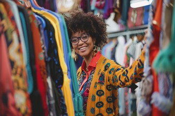 Stylish Young Woman Shopping in a Vibrant Clothing Store Surrounded by Colorful Fashion Choices and Trendy Outfits