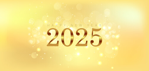 Happy New Year 2025 with a shimmering gold background and a beautiful bokeh effect creating a festive atmosphere