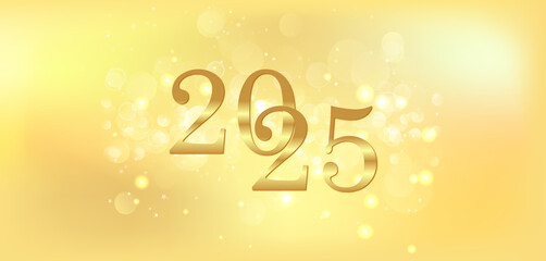 Happy New Year 2025 with a shimmering gold background and a beautiful bokeh effect creating a festive atmosphere