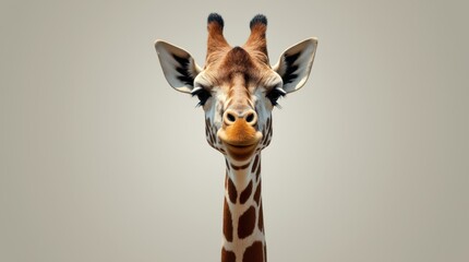 Fototapeta premium A head-and-shoulders portrait of a giraffe, its long neck extending gracefully from the bottom of the frame, showcases the gentle expression in its large, soulful eyes.