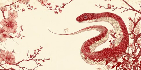 Red Snake Coiling Through Cherry Blossom Branches
