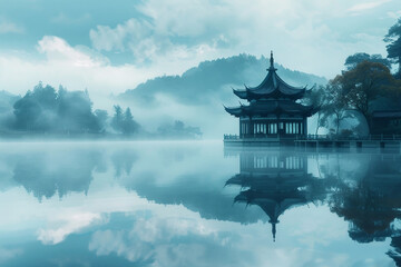 calm lake reflecting an ancient pavilion and tall trees standing beside it