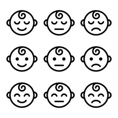 Baby face emotions line icon set. Baby boy facial expression. Newborn symbol. Kid face pictogram. Cute child smile sign. Happy and sad child. Sleeping children isolated concept. Baby care symbol.