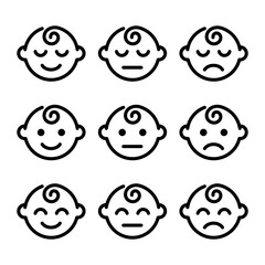 Baby face emotions line icon set. Baby boy facial expression. Newborn symbol. Kid face pictogram. Cute child smile sign. Happy and sad child. Sleeping children isolated concept. Baby care symbol.