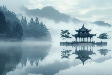 Obraz premium calm lake reflecting an ancient pavilion and tall trees standing beside it