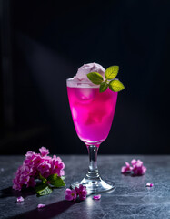 Purple cocktail with ice cream on a black background, illuminated by hard spotlight light