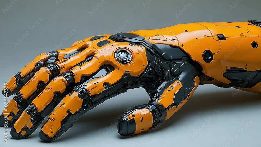 Poster this advanced robotic hand displays its mechanical design with vivid orange and black patterns. pros