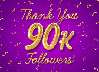 Thank you 90k followers poster with confetti background, Thank you followers social media post. 3d illustration.