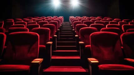 Obraz premium Rows of empty velvet theater seats, spotlight beams highlighting the stage, setting the scene for a captivating performance.
