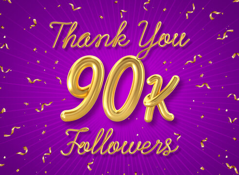 Thank you 90k followers poster with confetti background, Thank you followers social media post. 3d illustration.