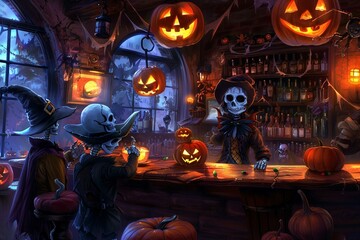 Classic halloween characters in a bar