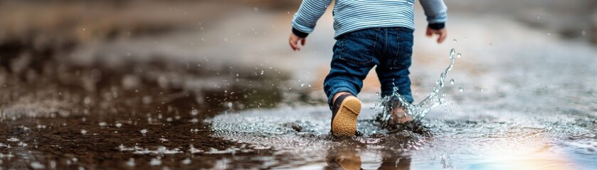 Child playing in puddles, joyful moment on a rainy day.
