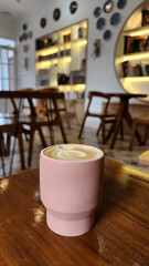 a cup of coffee on the table with a blurred bookshelf background