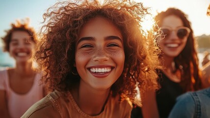 Fototapeta premium Happy woman smiling with friends against sunset background.