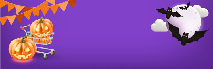 Halloween composition made of shopping and halloween decorations on purple background, sale. Minimal holiday concept.