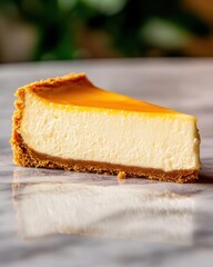The closeup of a cheesecake slice with a golden