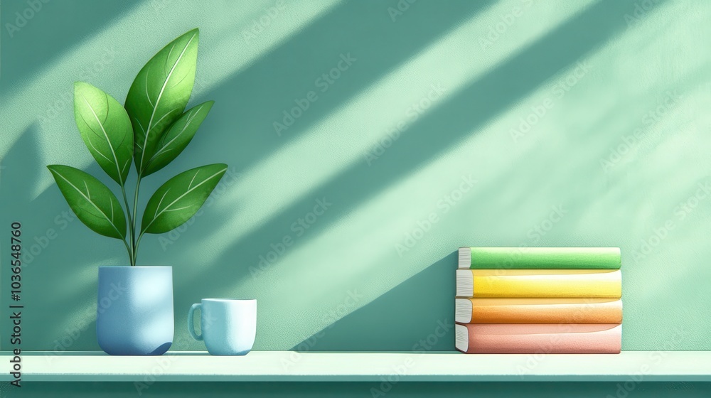 Canvas Prints Green Wall with Plant, Books, and Cup.