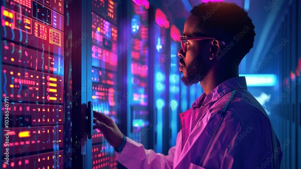 Poster A technician wearing glasses and a lab coat interacts with brightly lit server racks in a data center, focused on monitoring data displays in a high-tech environment.