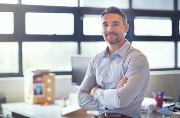 Portrait, arms crossed and mature business man with company experience, pride and integrity in...