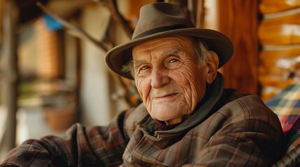 Obraz premium Portrait of a Senior Man in a Hat Relaxing Outdoors with a Warm Smile on a Sunny Day