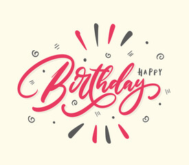 Happy Birthday card with red hand lettering text, decorated with various design elements. Cute celebration card design.