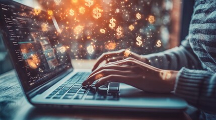 Floating digital dollar signs surround hands typing on a laptop, representing online wealth creation and the fintech revolution.