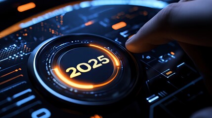 Futuristic start button with "2025" inscription, pressed by a hand, symbolizing the dawn of a new technological age.