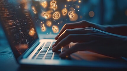 Floating dollar signs above hands typing on a laptop, symbolizing online income, digital finance, and virtual banking.