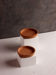 wood table mock up plate empty product business photo display circle kitchen podium object brown old