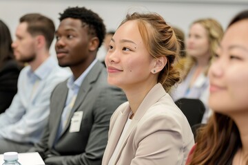 Fototapeta premium Diverse Group of Professionals Attending a Business Seminar with Focused Expressions and Engaged Participation