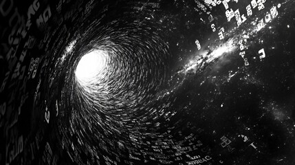 A black and white abstract background with a swirling pattern of letters leading to a bright light at the end of the tunnel.