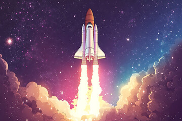 Obraz premium A colorful rocket launching into space amidst clouds and stars.