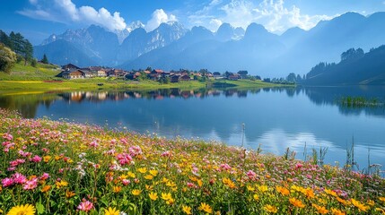 Obraz premium A serene mountain lake scene with wildflowers in bloom.