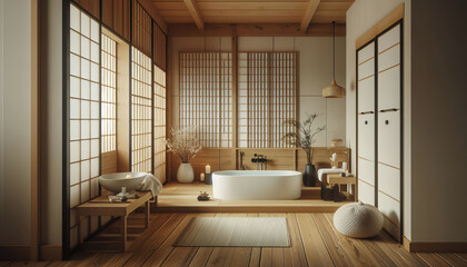 Fototapeta premium Minimalist bathroom with wood, bamboo, a soaking tub, and shoji screens for a serene, spa-like environment.