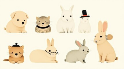 Obraz premium A set of adorable animals such as puppies, kittens, and rabbits in a playful and light-hearted style, creating a whimsical and cheerful atmosphere.