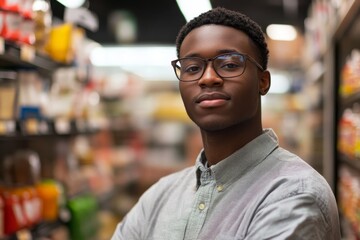 Fototapeta premium Young grocery store worker, Generative AI