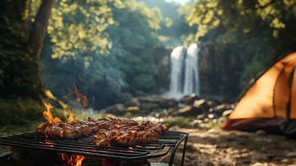 Camping Trip - Cooking over a campfire with a beautiful waterfall in the background.
