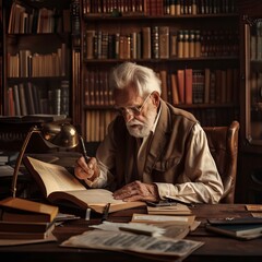 Elderly Man Immersed in Study at Vintage Library Surrounded by Books and Warm Lighting Capturing the Essence of Knowledge and Wisdom