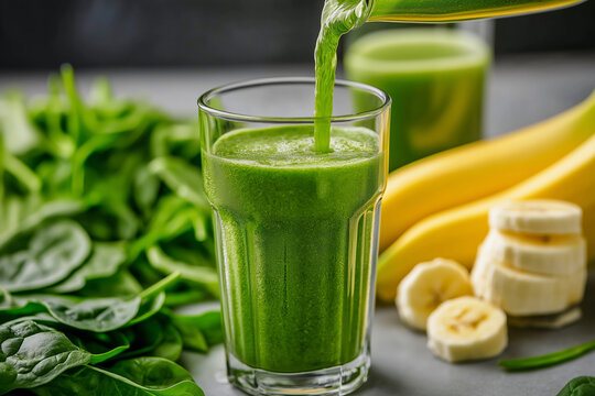 Pouring spinach banana smoothie into a glass with ingredients