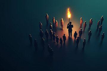 Person holding torch guiding crowd in dark surreal environment