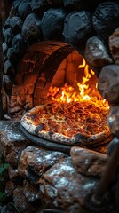 Wood-Fired Pizza Baking in a Stone Oven