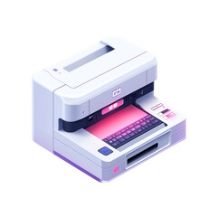 Isometric illustration of a modern printer. A sleek, white printer with a futuristic design is depicted in a 3D style. The printer features a large, rectangular body with a flat top, a front panel wit