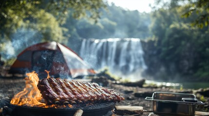 Camping BBQ with Waterfall Background.