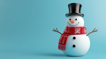 Smiling snowman with a classic top hat and scarf, standing proudly on a light blue background, ideal for holiday designs.